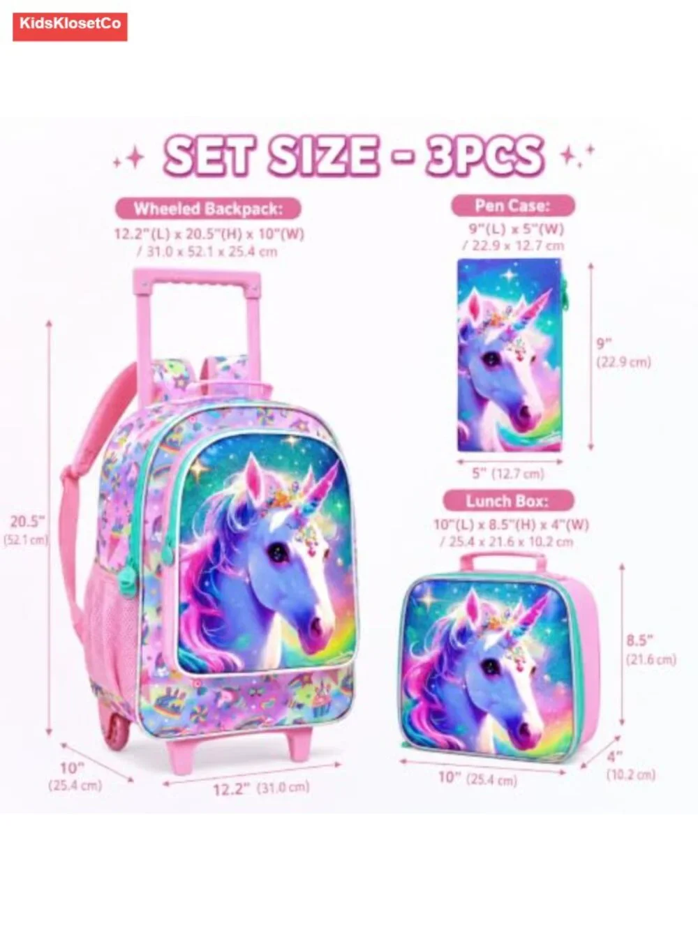 Girls Rolling Backpack with Wheels - Unicorn School Bag